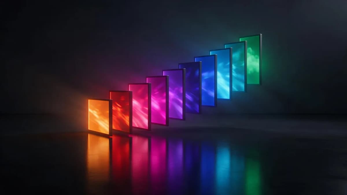 A dark editorial scene of ten glowing video frames arranged in a staircase, each lit in a different color, representing a ranked list of AI video generators