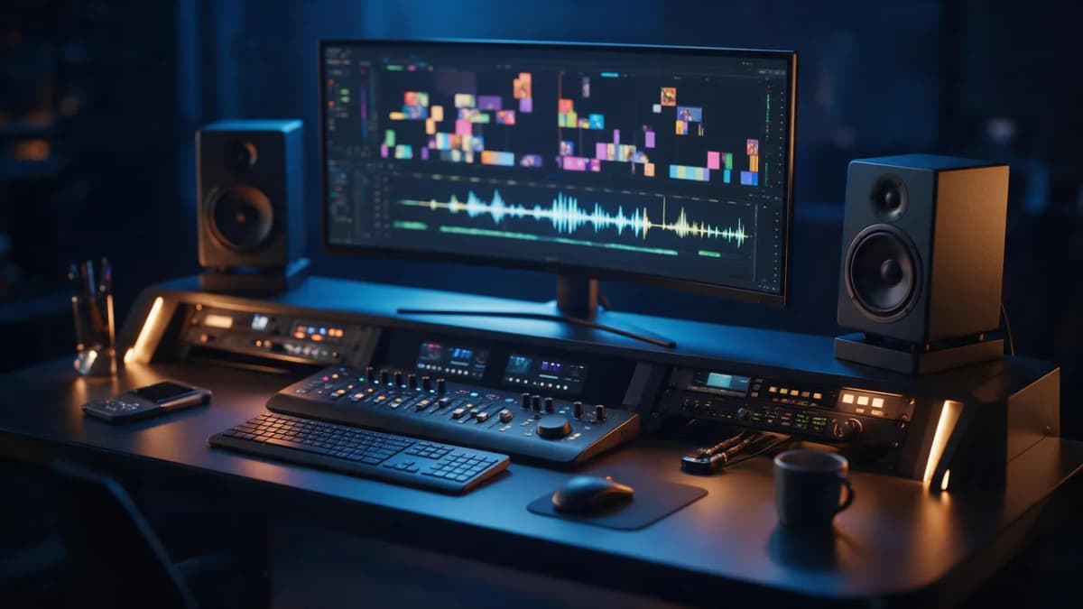 A cinematic workstation with a large monitor showing a glowing timeline of colorful video clips and an audio waveform, studio monitors and soft blue light