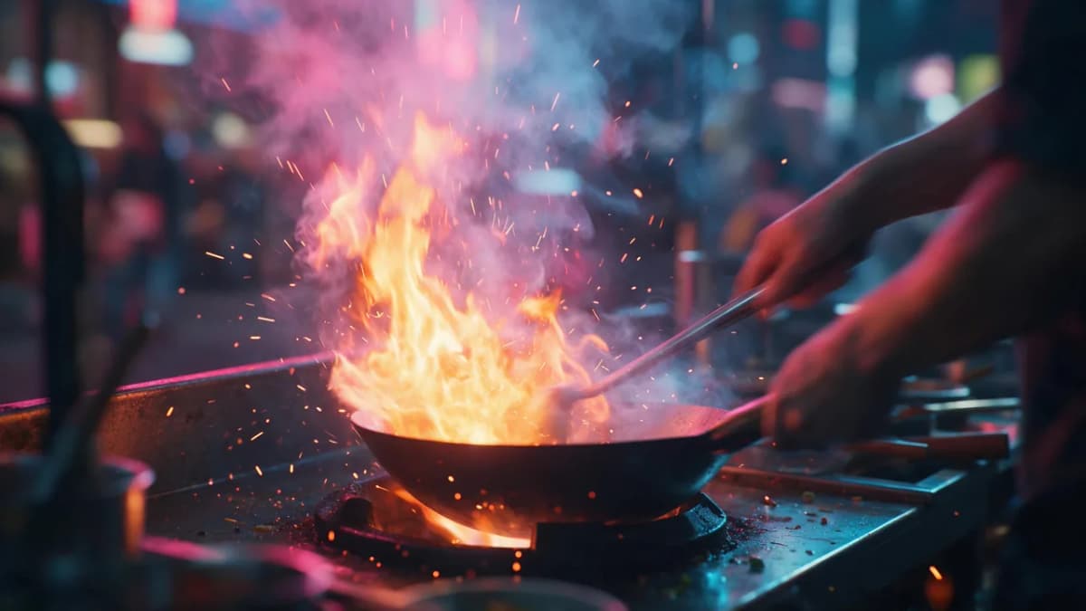 A street food wok bursting with flame and sparks at night under neon light, cinematic still from an AI video test