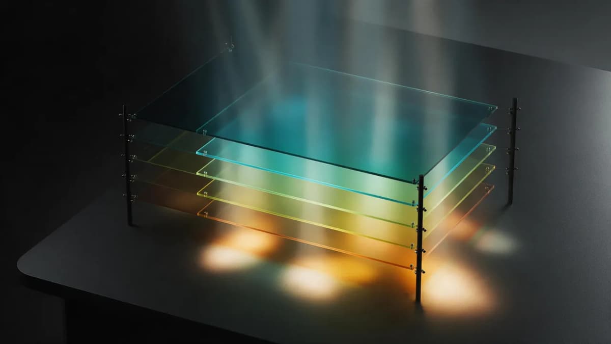 A dark editorial studio desk with a glowing monitor showing abstract layered filter panels