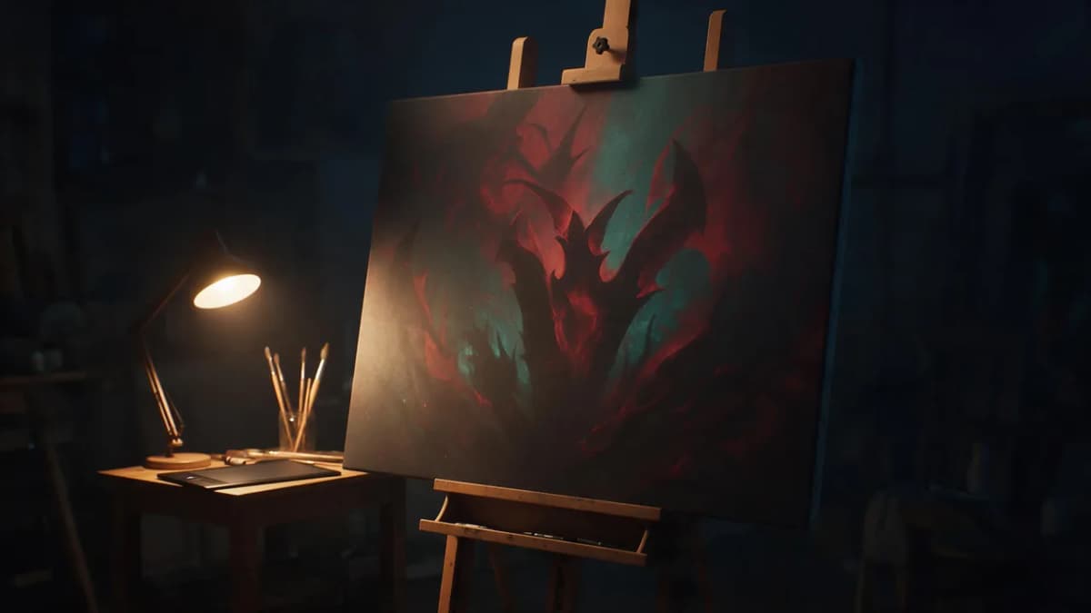 A moody art studio with a canvas on an easel lit by a single warm lamp, abstract shapes on the canvas