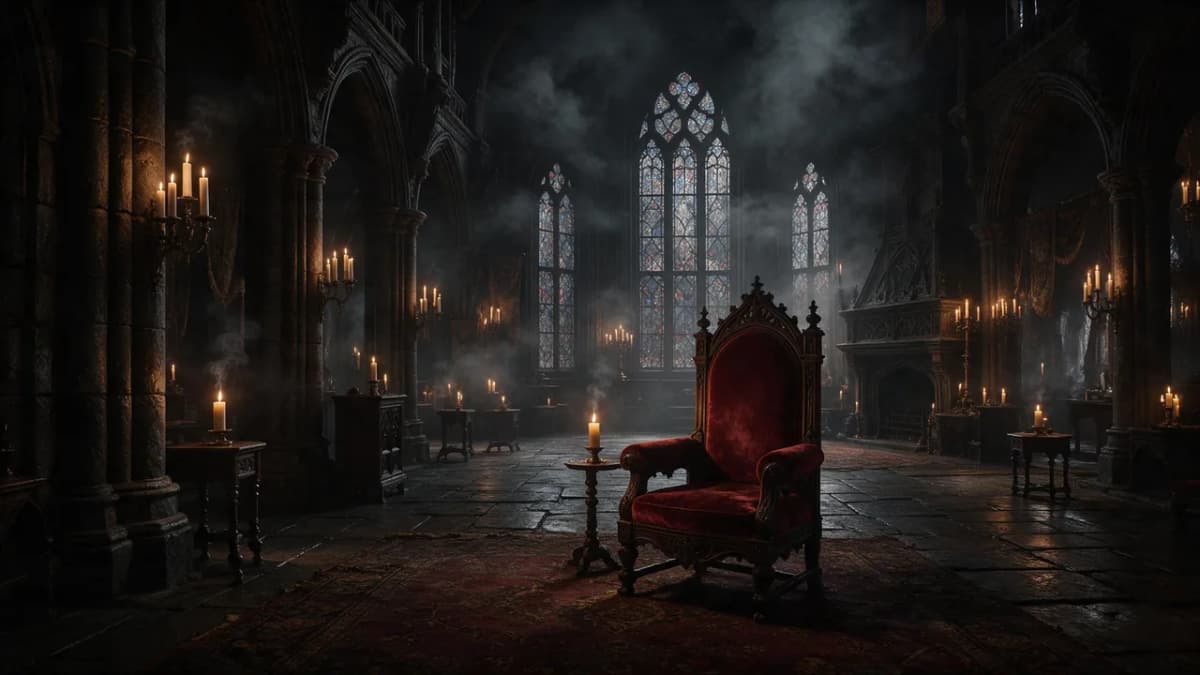 A gothic candlelit hall with a velvet armchair and tall stained shadows, painterly cinematic style