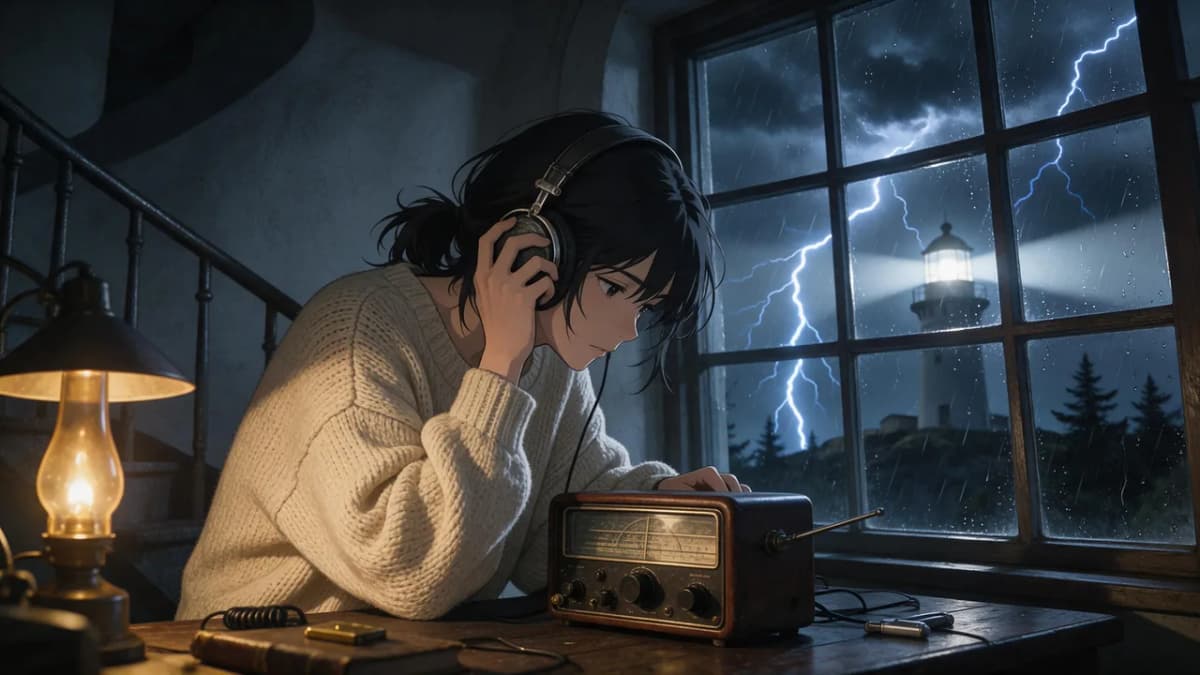 An original anime-style lighthouse keeper hunched over a vintage radio during a storm, illustrated in cinematic cel shading