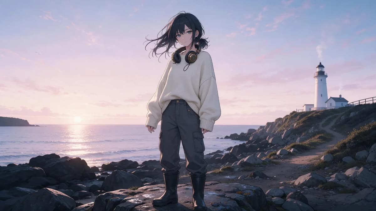 Full-body original anime character in a cream sweater standing on a rocky shore beneath a lighthouse at dawn