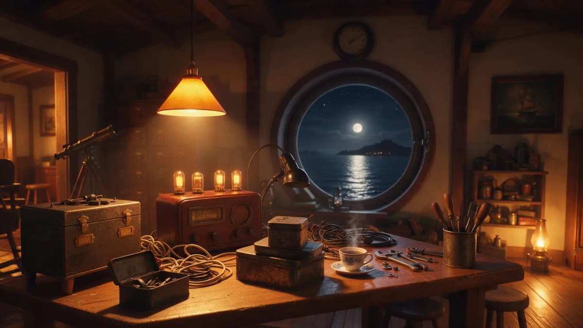 A cozy illustrated lighthouse lamp room with a glowing vintage radio, tins of letters and a steaming teacup on a desk