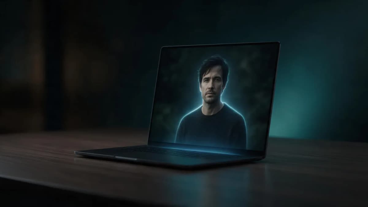 Laptop on a dark desk showing a portrait photo with a soft glowing selection outline around the subject, ambient teal light