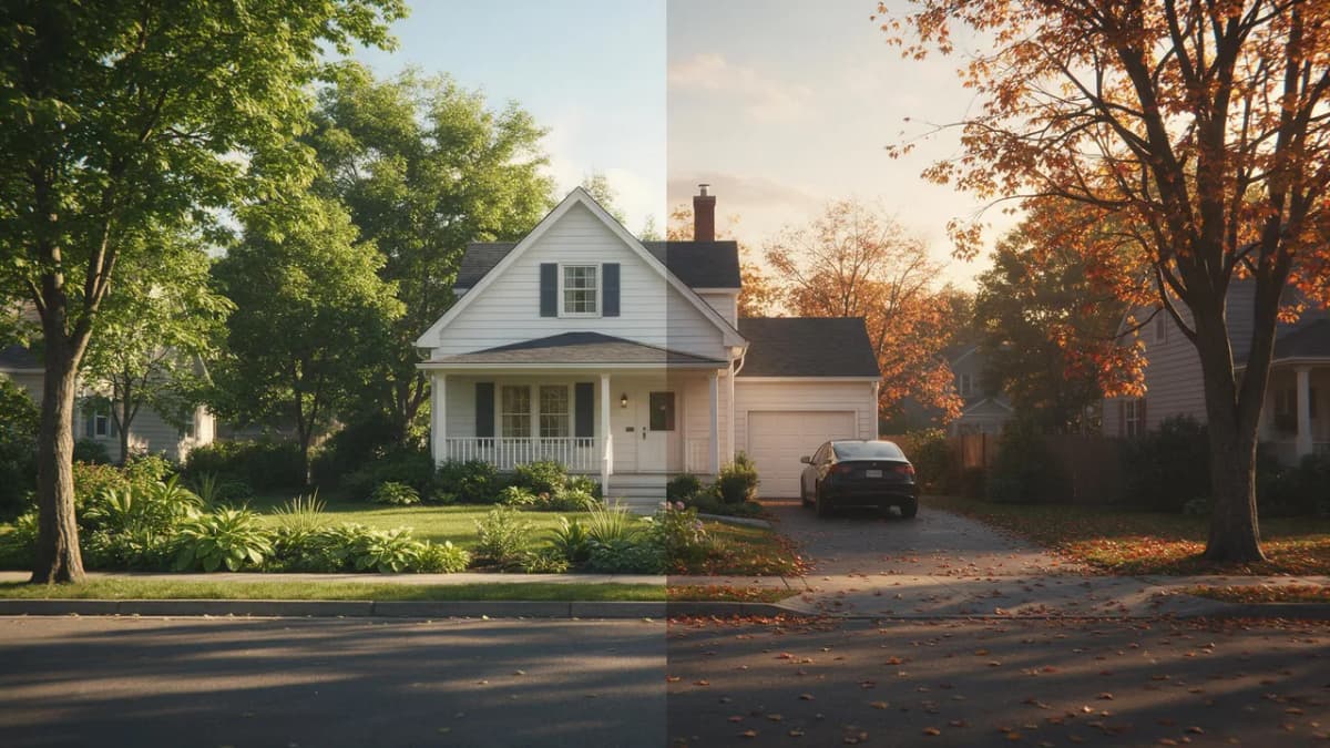 Split view of the same suburban street in summer and in late autumn, left side green trees, right side orange and red leaves, warm light