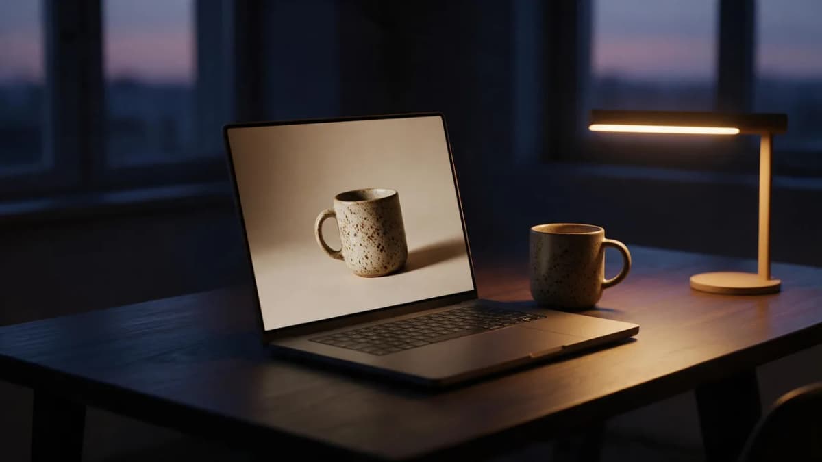Creator's desk at dusk with a laptop showing a product photo of a ceramic mug on a clean studio backdrop, a real mug beside the laptop, warm and cool mixed light