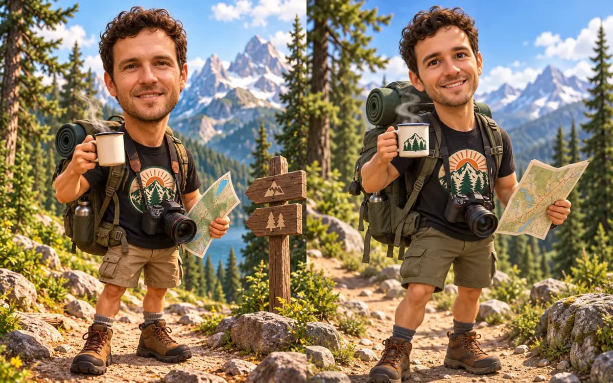 The trail-guide caricature twice: first try with a near-photo face, and the retry asking for a fully animated 3D face