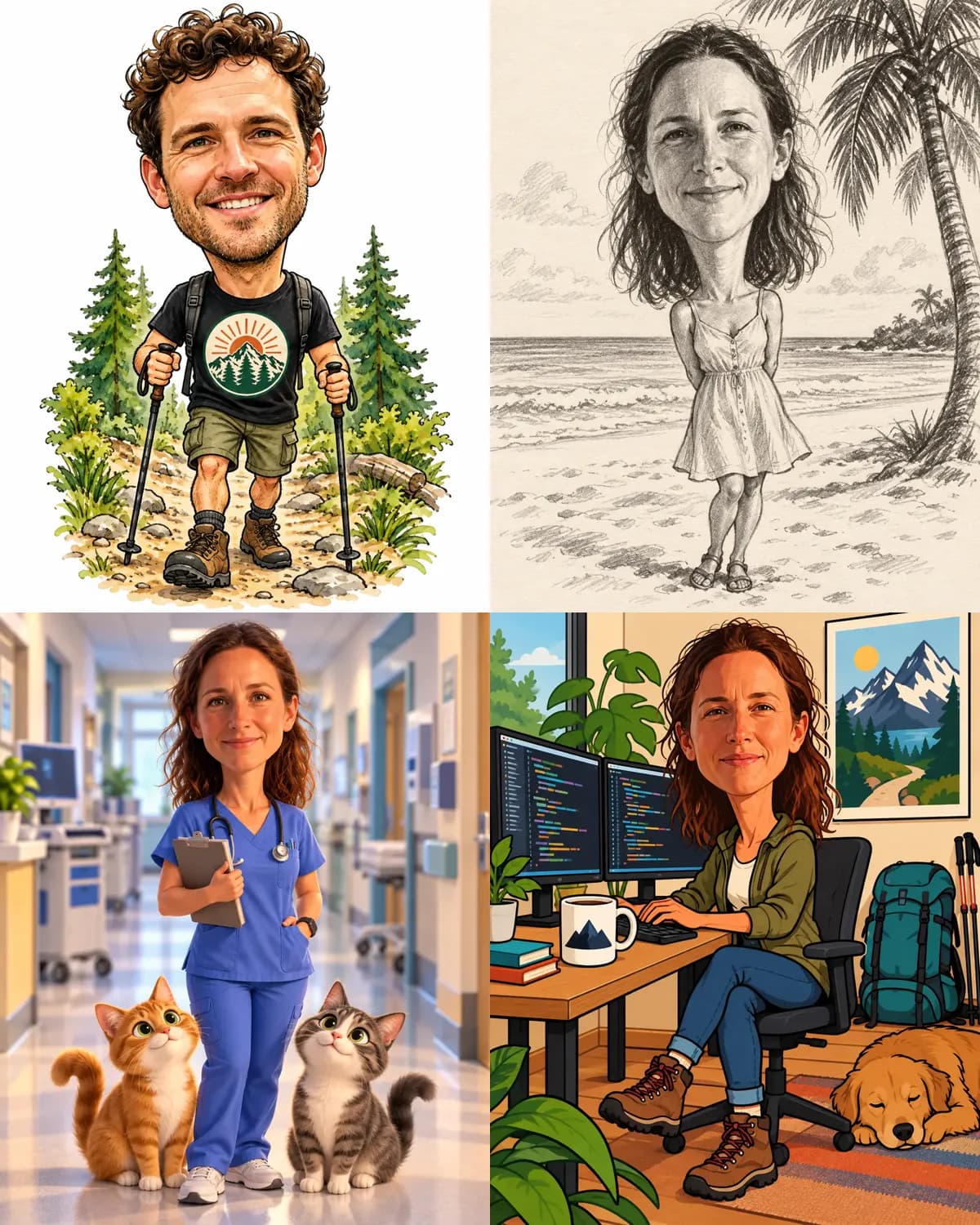 Four caricatures made from photos with GPT Image 2.5: watercolour, pencil sketch, a nurse with cats and a software engineer at a desk