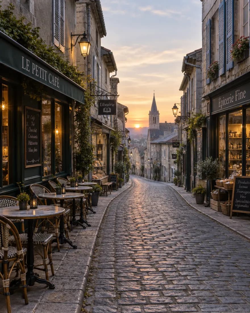 A GPT Image 2.5 Flare photo of an empty cobblestone street at dawn with cafe tables and shop signs