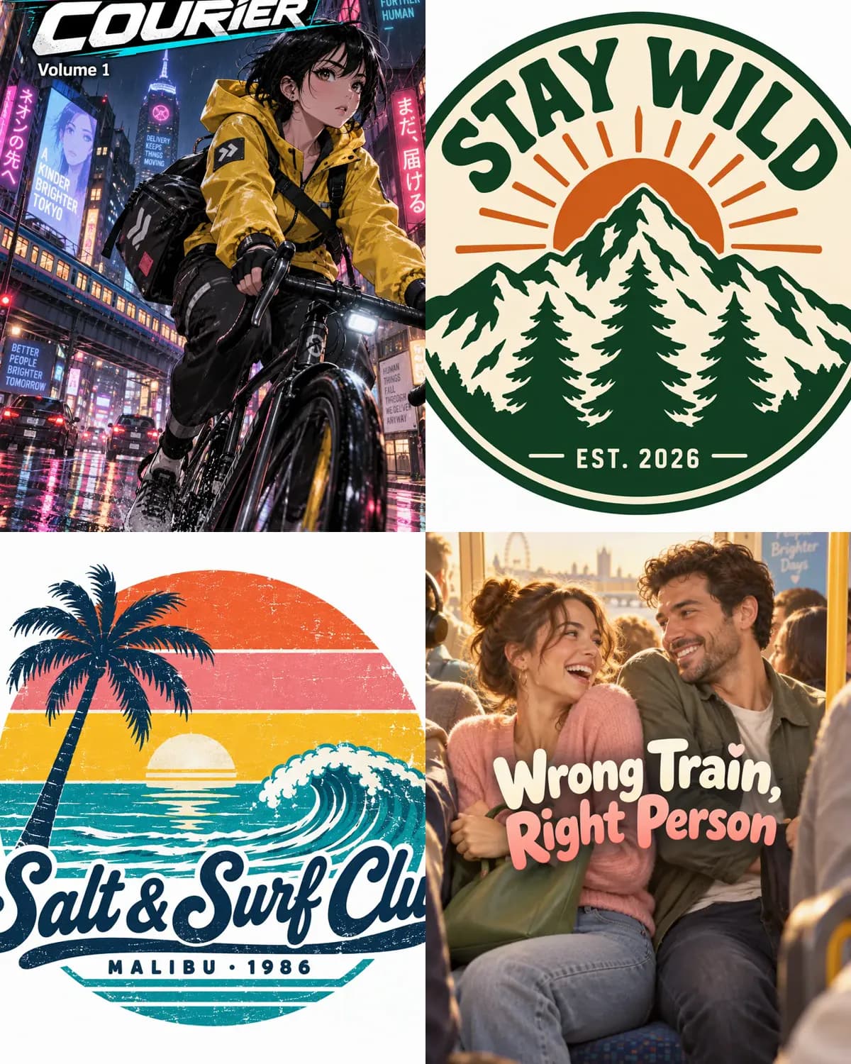 Four GPT Image 2.5 results with lettering: the NEON COURIER manga cover, the STAY WILD badge, the Salt & Surf Club tee and the Wrong Train, Right Person poster