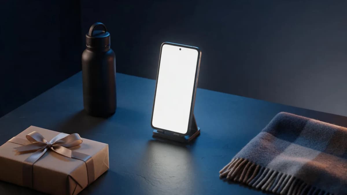 A smartphone in vertical format on a dark surface surrounded by floating product scenes, representing Instagram Stories ads made with AI