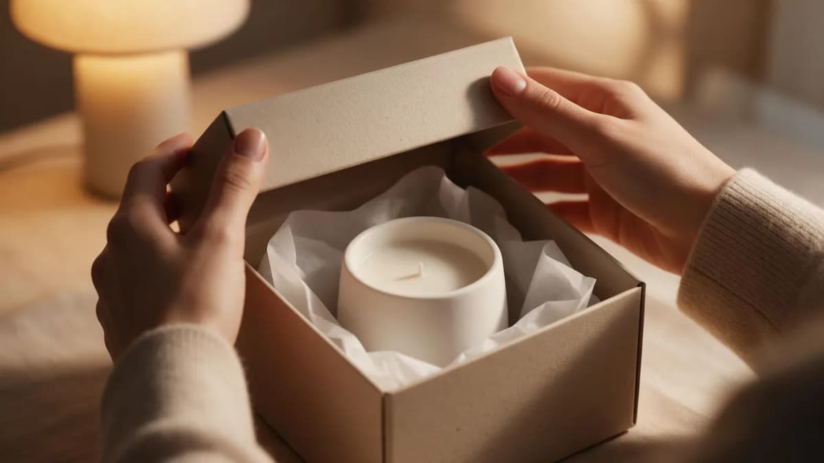 A vertical composition of a ceramic candle being revealed from a kraft gift box under warm light, an AI-made unboxing Stories ad concept