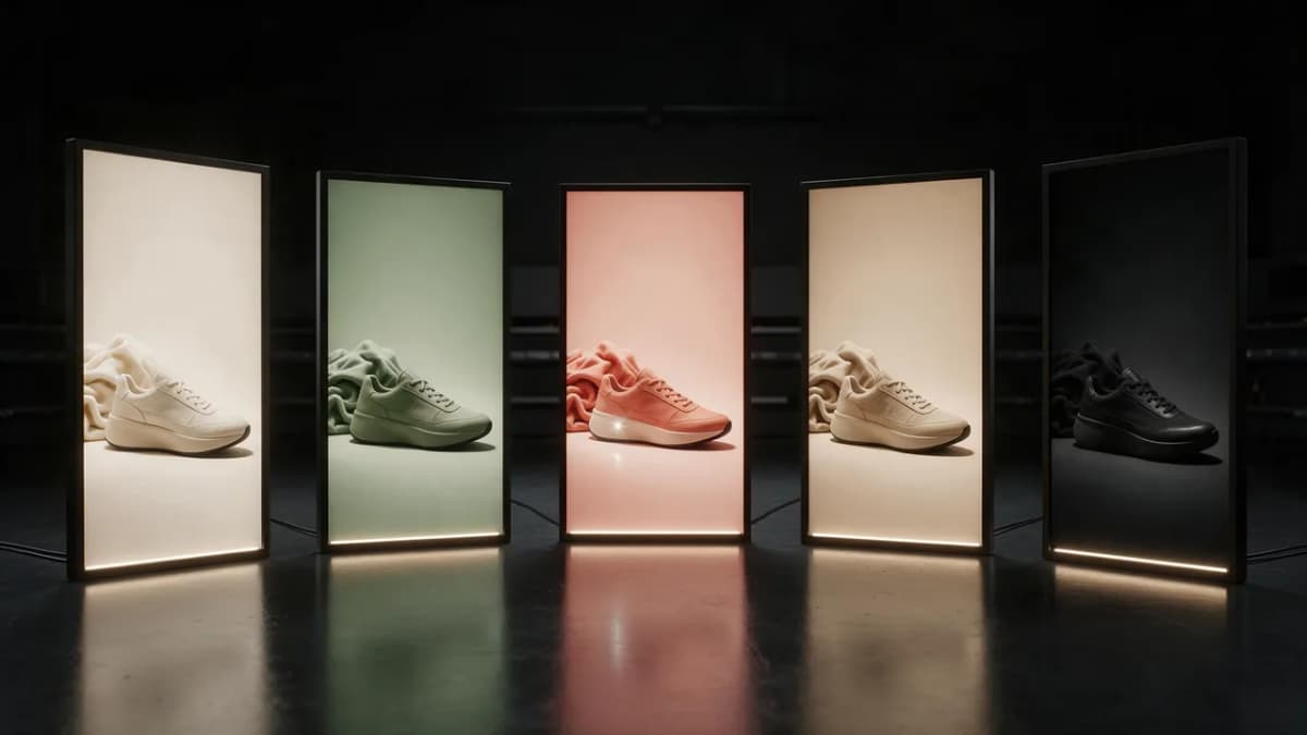 A dark studio scene with several vertical phone-sized panels showing product variants in different colorways, representing A/B testing Stories ad creatives