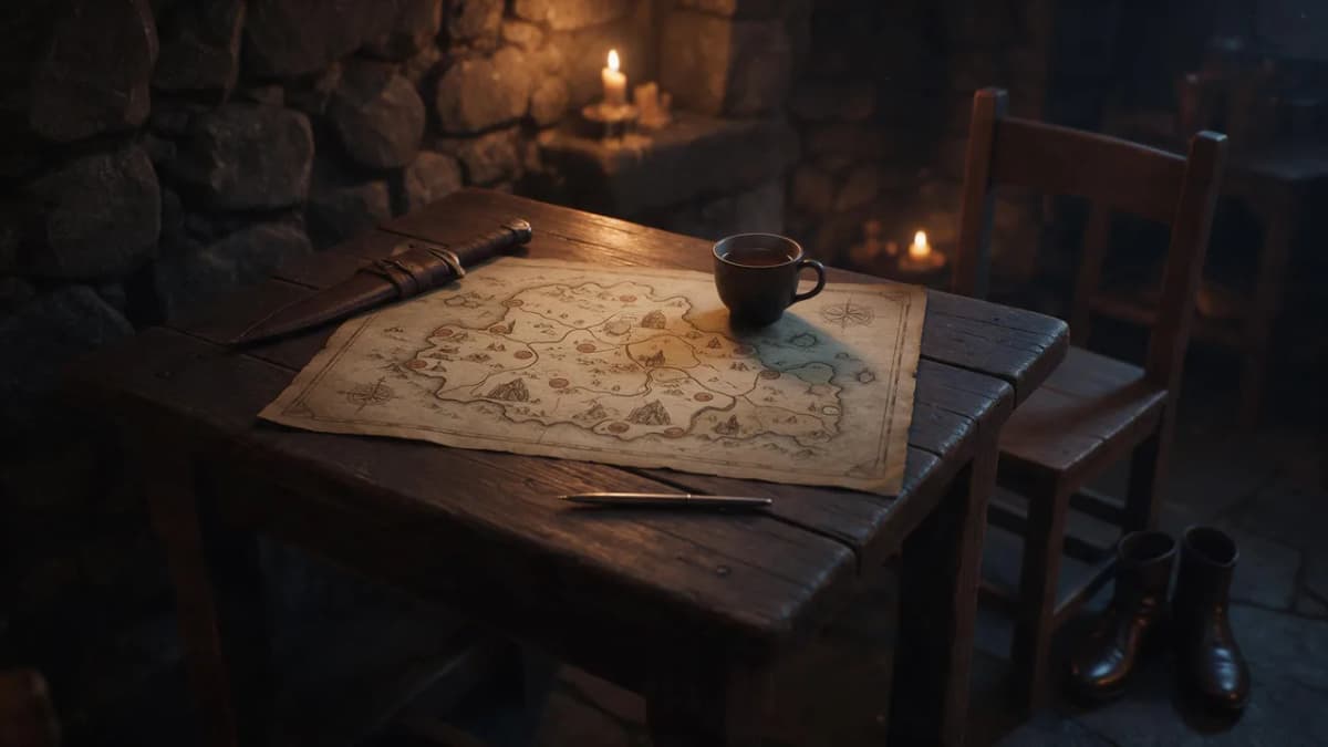 Candlelit officer's study with maps, a tidy desk and a cup of tea