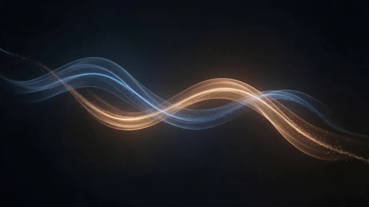 Two ribbons of warm and cool light weaving together in dark space