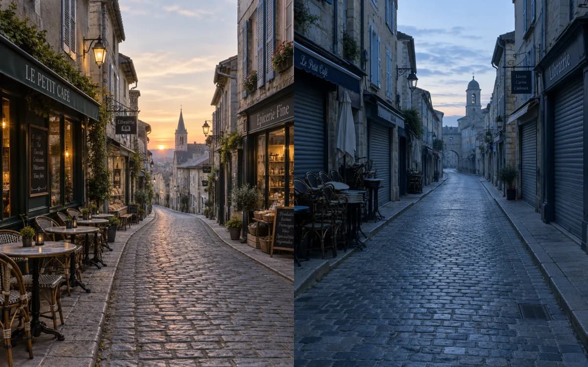 Two GPT Image 2.5 Flare photos side by side: a lit cobblestone street with cafe tables set, and a deserted blue-dawn street with shutters closed and tables stacked