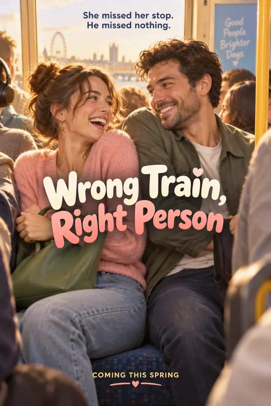 A rom-com movie poster made with GPT Image 2.5: the requested title is right, but the model added an ad sign inside the train despite "no other text"