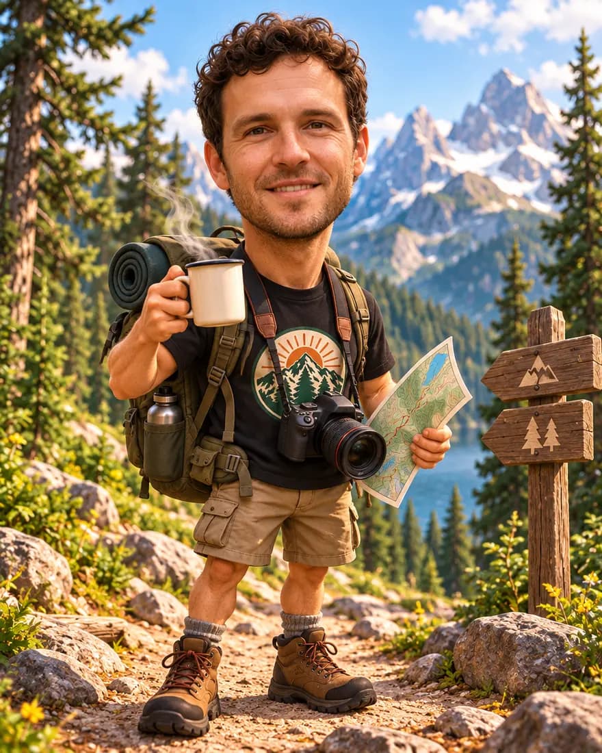A caricature of a curly-haired man as a mountain trail guide with coffee, camera and map, made from a photo with GPT Image 2.5