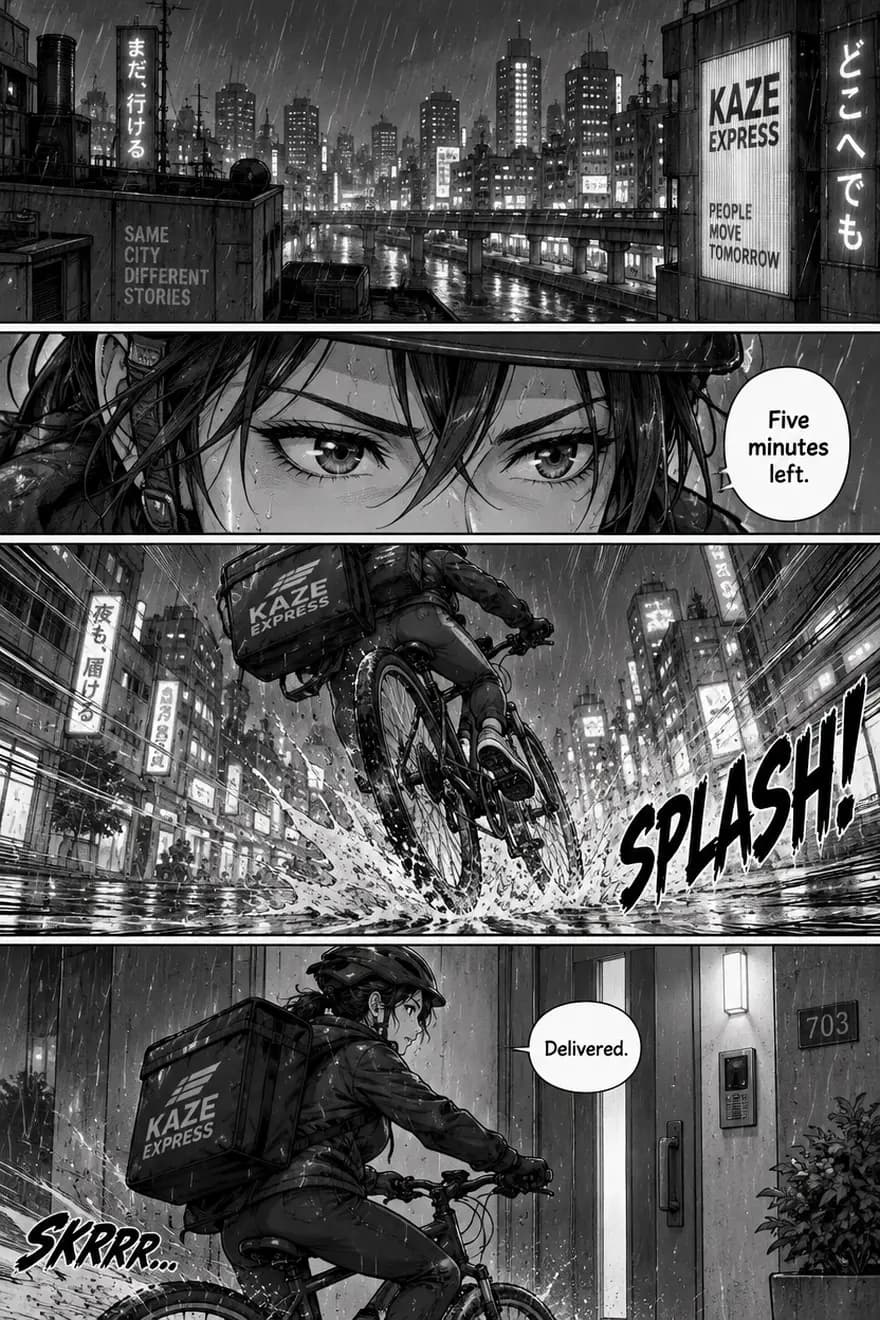A manga page made with GPT Image 2.5: the requested text is right, but the model added signs and a "SKRRR" sound effect despite "no other text"
