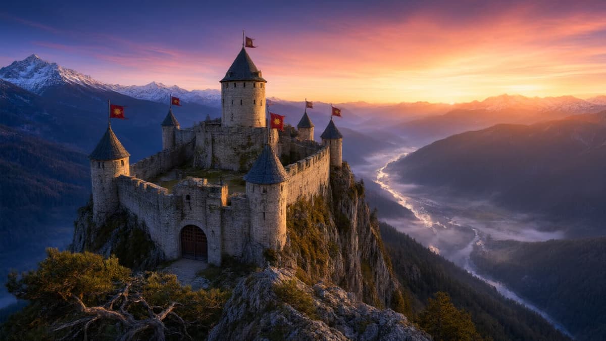 3D Drone Swoop Over Alpine Castle