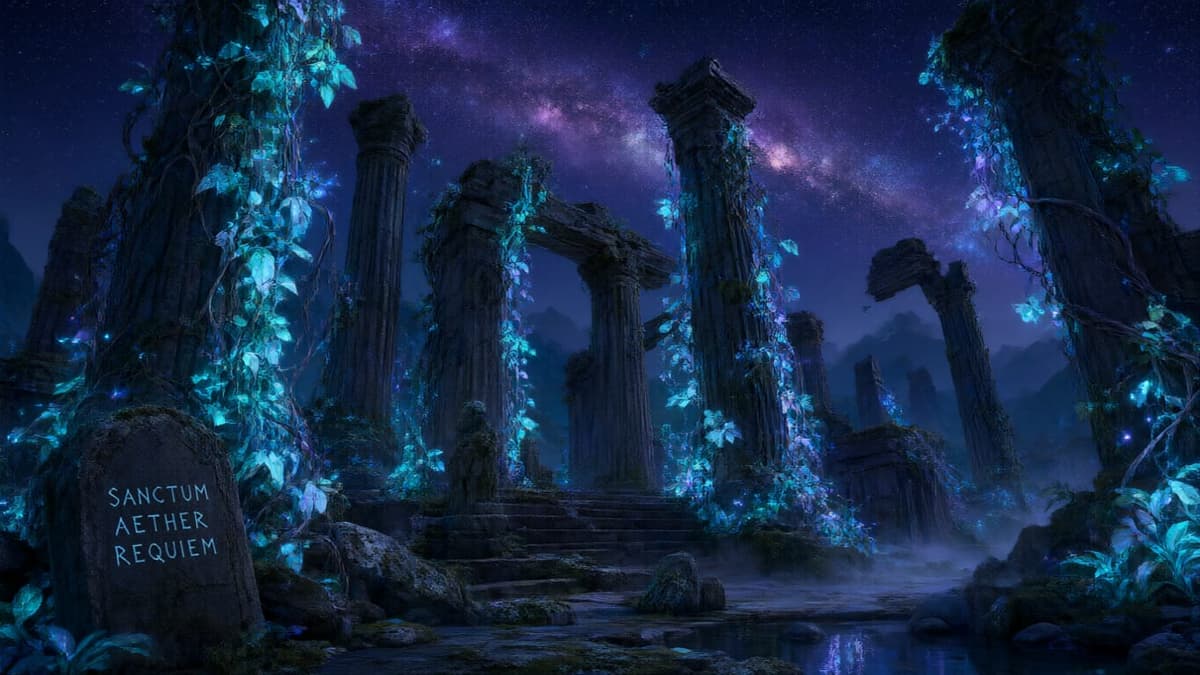 Ancient Ruined Temple Bioluminescent Galaxy