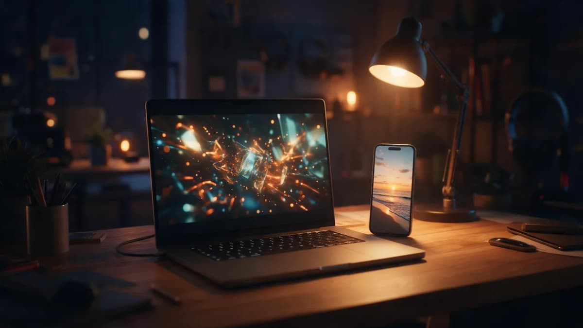 A laptop on a desk at night showing a glowing abstract video frame, with a phone beside it playing a vertical clip, cozy creator workspace