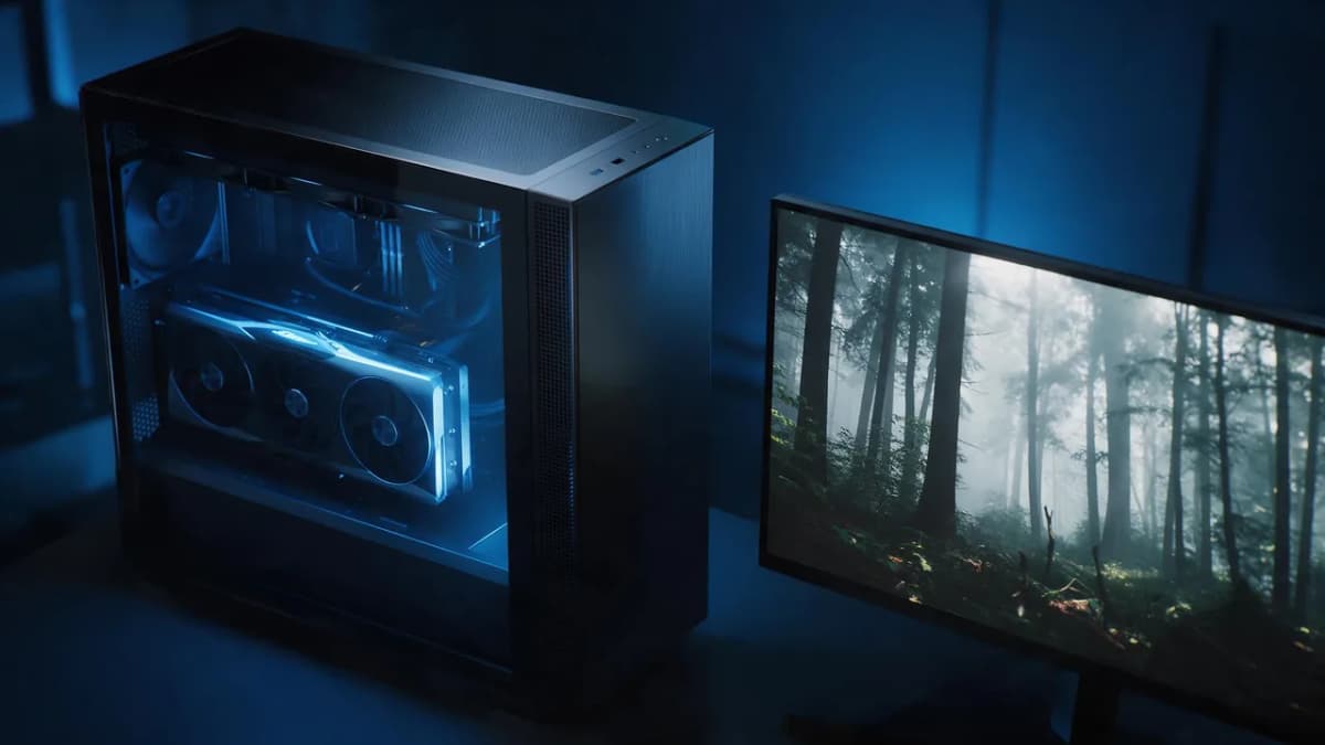 A powerful desktop workstation with a glowing graphics card visible through a glass side panel, rendering a video on a nearby monitor, dark room with cool blue light