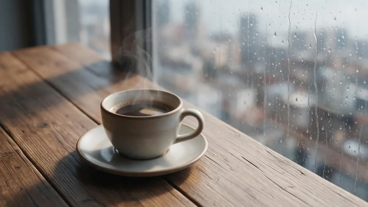 A steaming cup of coffee on a wooden table beside a rain-streaked window, soft gray morning light, cozy cinematic still