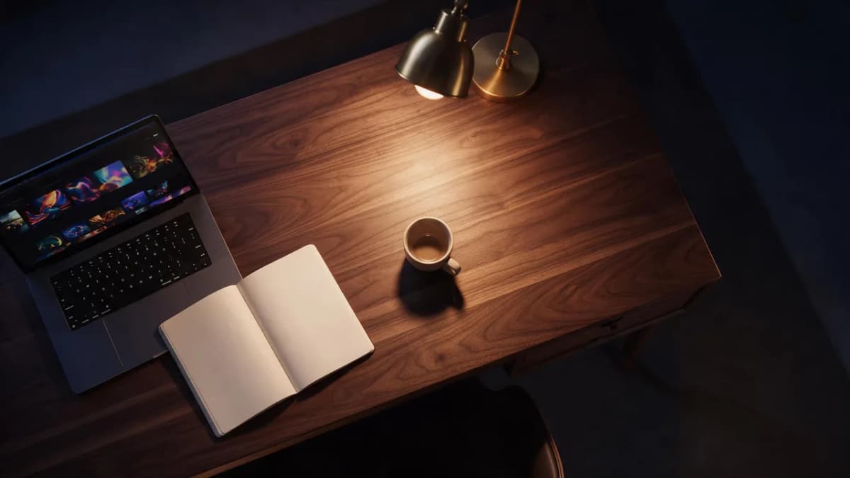A dark editorial creator desk with a laptop showing abstract colorful video frames, a notebook and a coffee cup under warm lamp light
