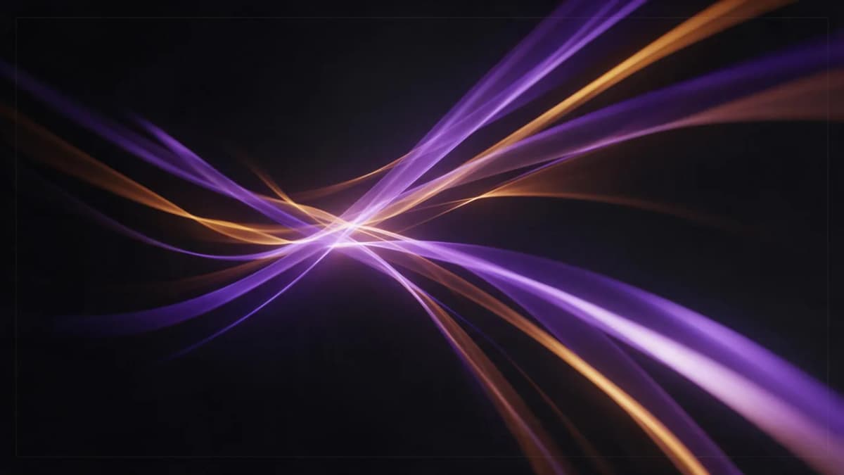 Abstract ribbons of violet and amber light flowing across a dark studio backdrop, suggesting motion and video frames