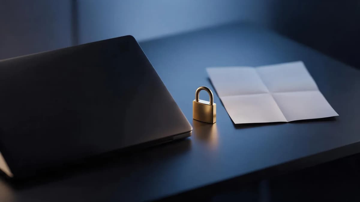 A minimalist desk with a closed laptop, a small padlock and a printed document under soft blue light, conveying privacy