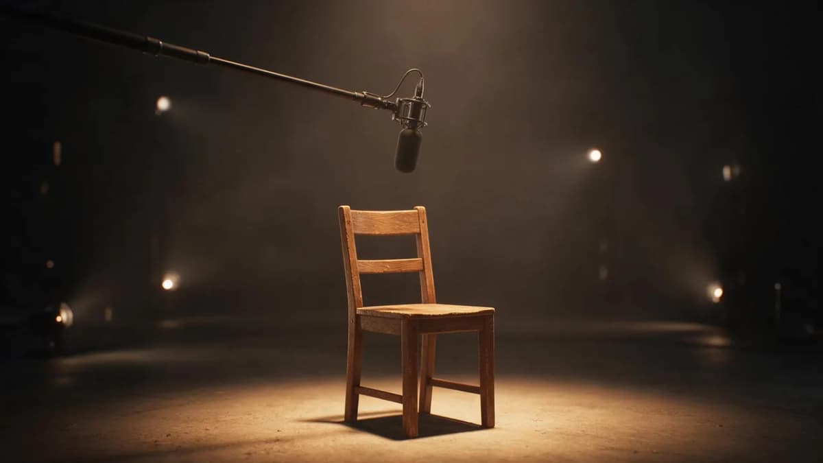 A cinematic film set at night with a boom microphone suspended over an empty chair under a warm spotlight