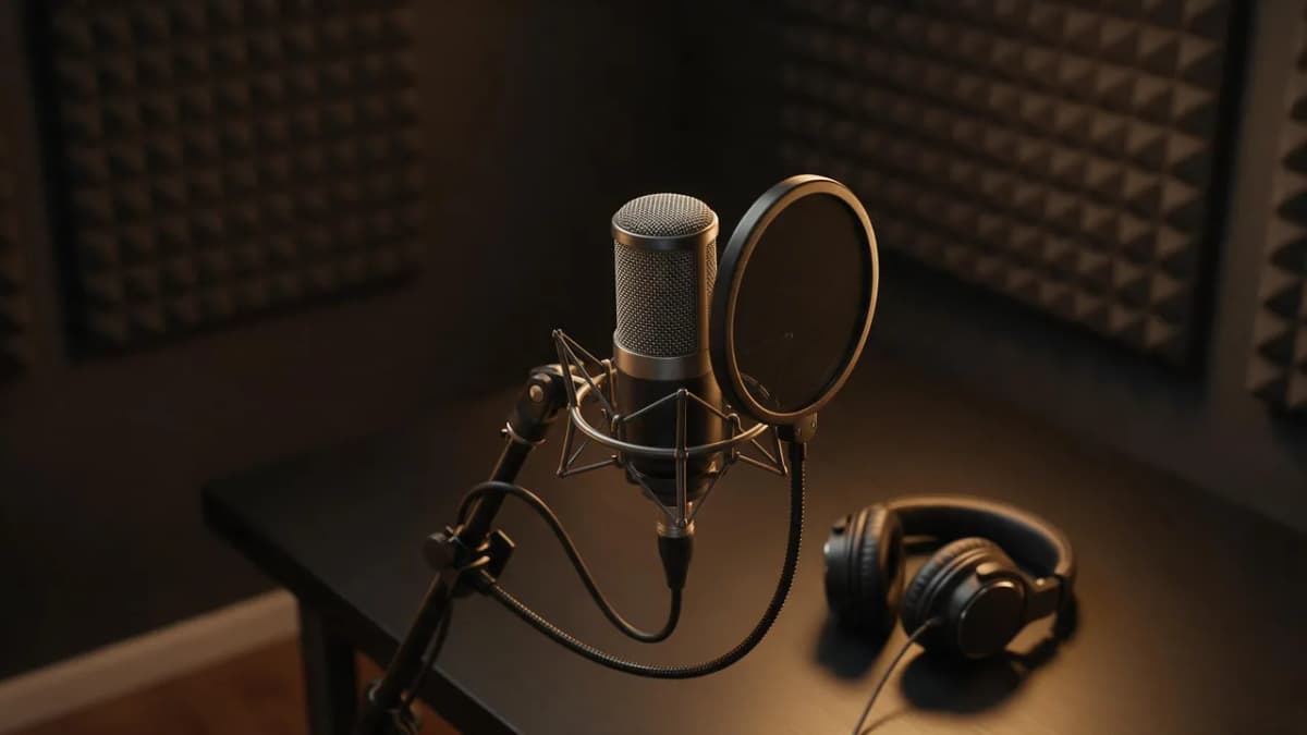 A dark home recording setup with a studio microphone, pop filter and headphones under a soft amber light