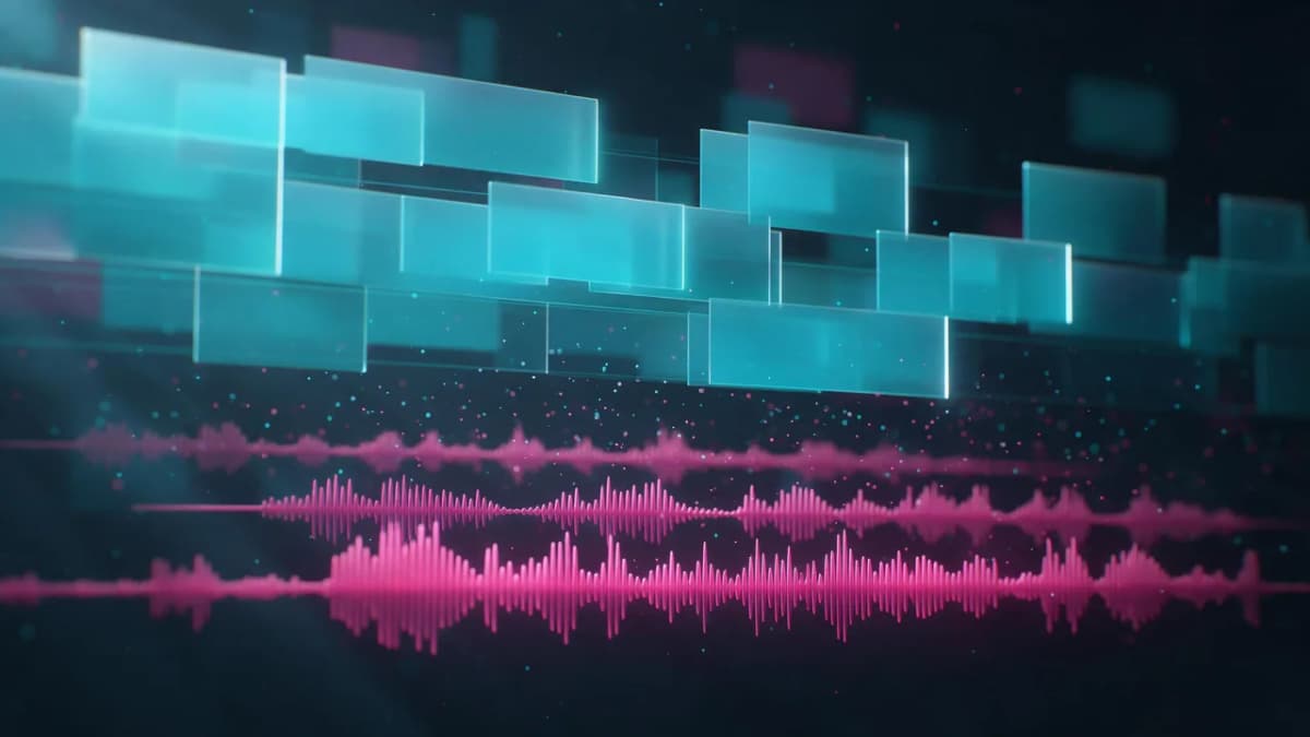 An editing timeline concept: glowing abstract video clips and audio waveforms stacked in layers on a dark background