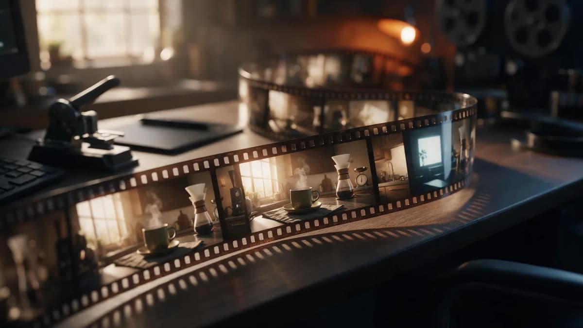 A long cinematic tracking shot rendered as a continuous filmstrip in a dark studio