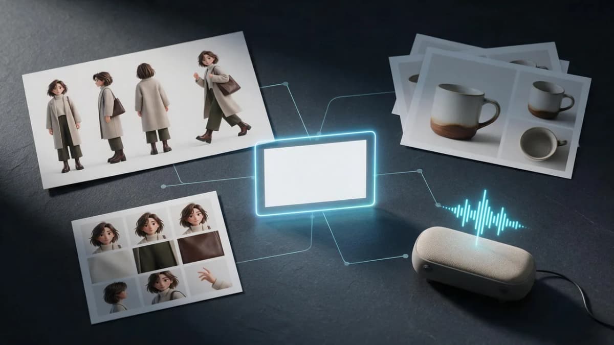 Character reference sheets, product photos and audio waveforms arranged around a glowing video frame