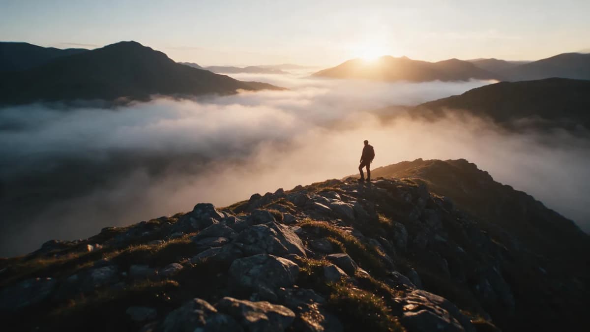 A cinematic valley at sunrise with mist rolling over a ridge, framed as a wide video still