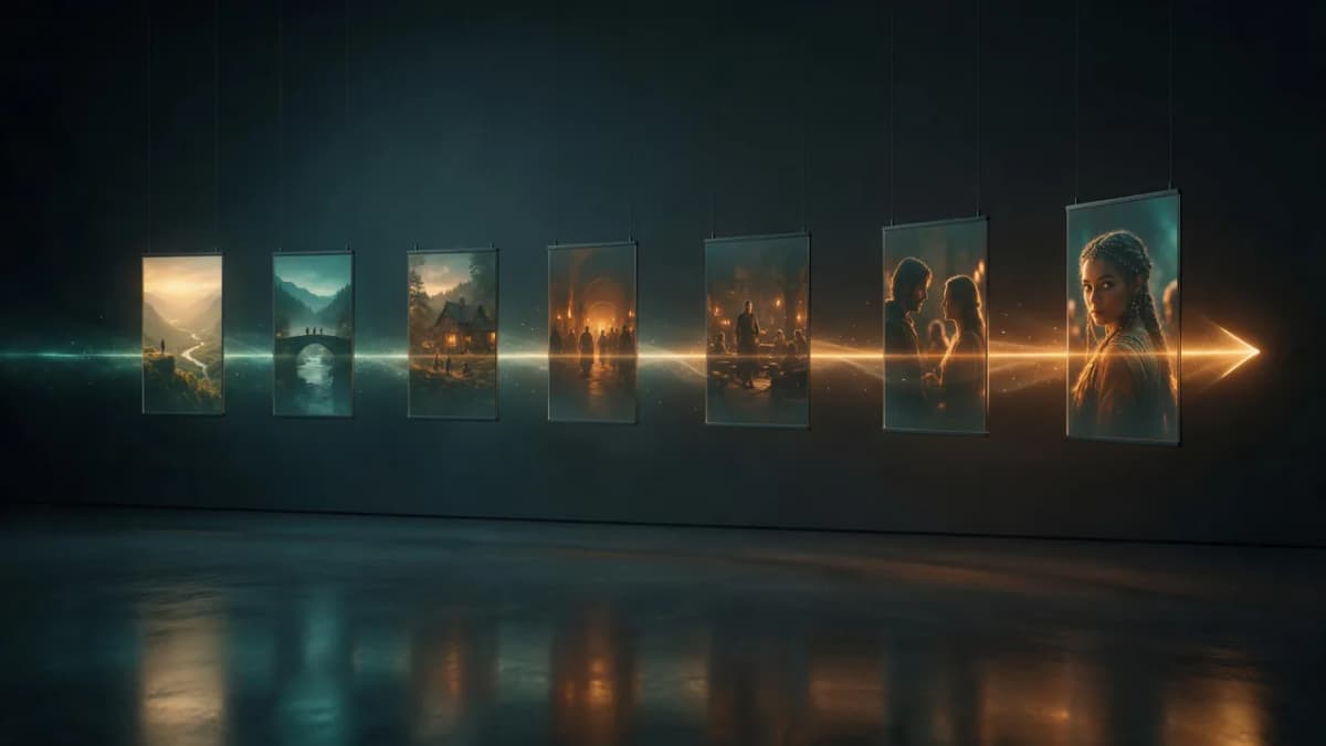 A glowing calendar timeline of AI video milestones in a dark studio