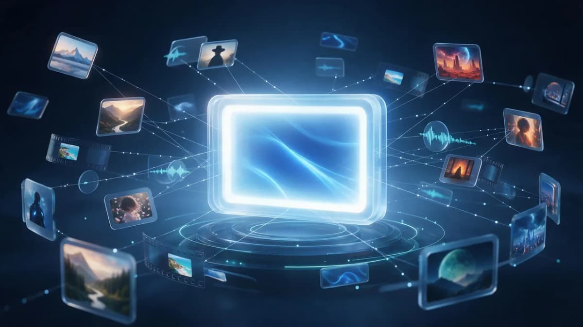 Reference images, video clips and audio waveforms orbiting a glowing video frame