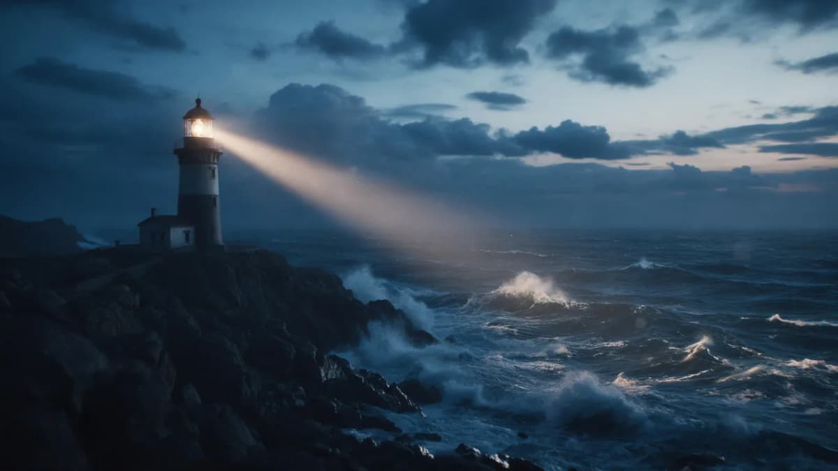 A lighthouse beam sweeping over a stormy sea at dusk, cinematic wide shot