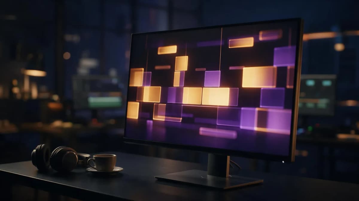 A cinematic dark editing suite with a widescreen monitor showing an abstract timeline of glowing amber and violet clip blocks, a coffee cup and headphones on the desk
