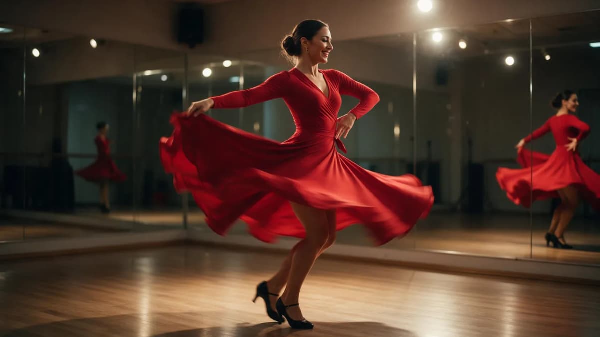 An adult salsa dancer in a red long-sleeve wrap dress spinning in a warm mirrored dance studio, skirt flaring, fully clothed