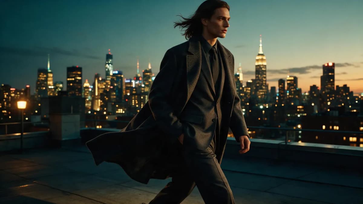 An adult model in a charcoal suit and long wool coat walking across a rooftop at dusk with city lights glowing behind her, fully clothed