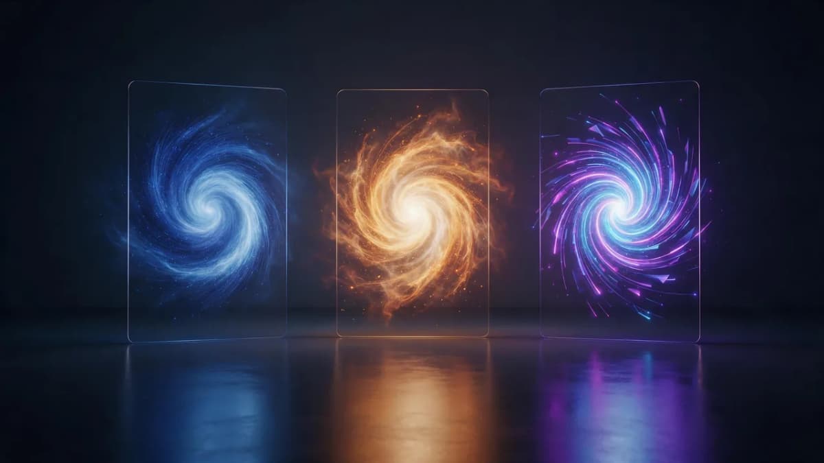 Three abstract glowing light panels side by side on a dark stage, each in a different color, suggesting a three-way comparison