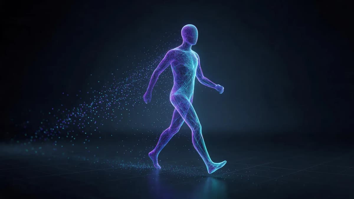 A glowing abstract wireframe figure in mid-motion surrounded by trailing light particles in a dark studio, representing AI motion generation