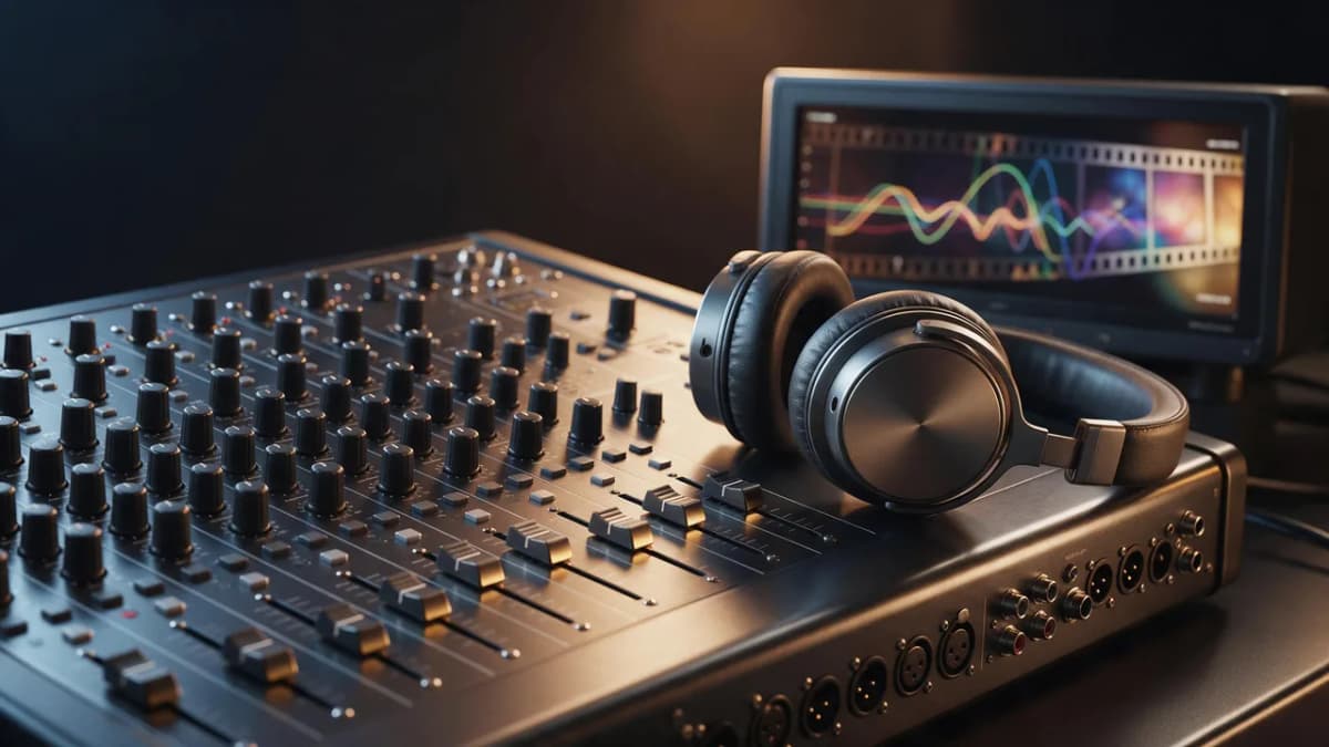 Studio headphones and a mixing console beside a monitor showing an abstract audio waveform