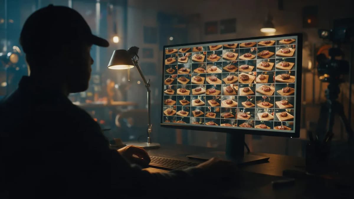 A filmmaker reviewing a grid of short draft video clips on a dark editing monitor