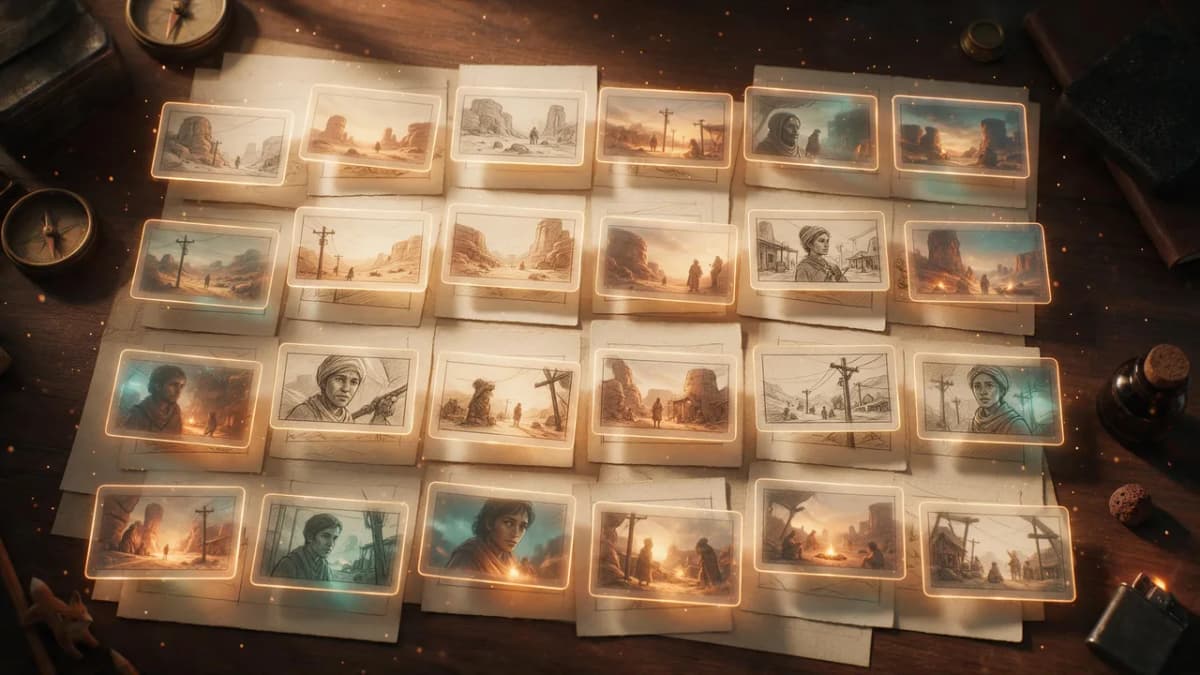 Storyboard frames on a desk turning into glowing motion previews